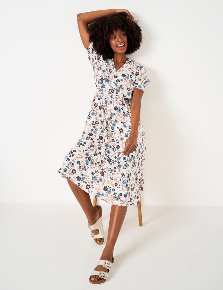 Floral V Neck Puff Sleeve Midi Tea Dress Crew Clothing M S