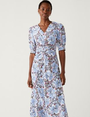 Floral V-Neck Puff Sleeve Midi Tea Dress