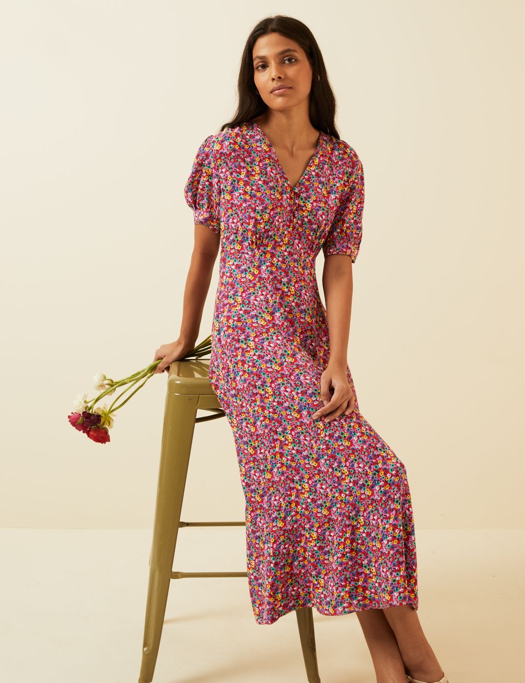 Floral V-Neck Puff Sleeve Midi Tea Dress | M&S X GHOST | M&S