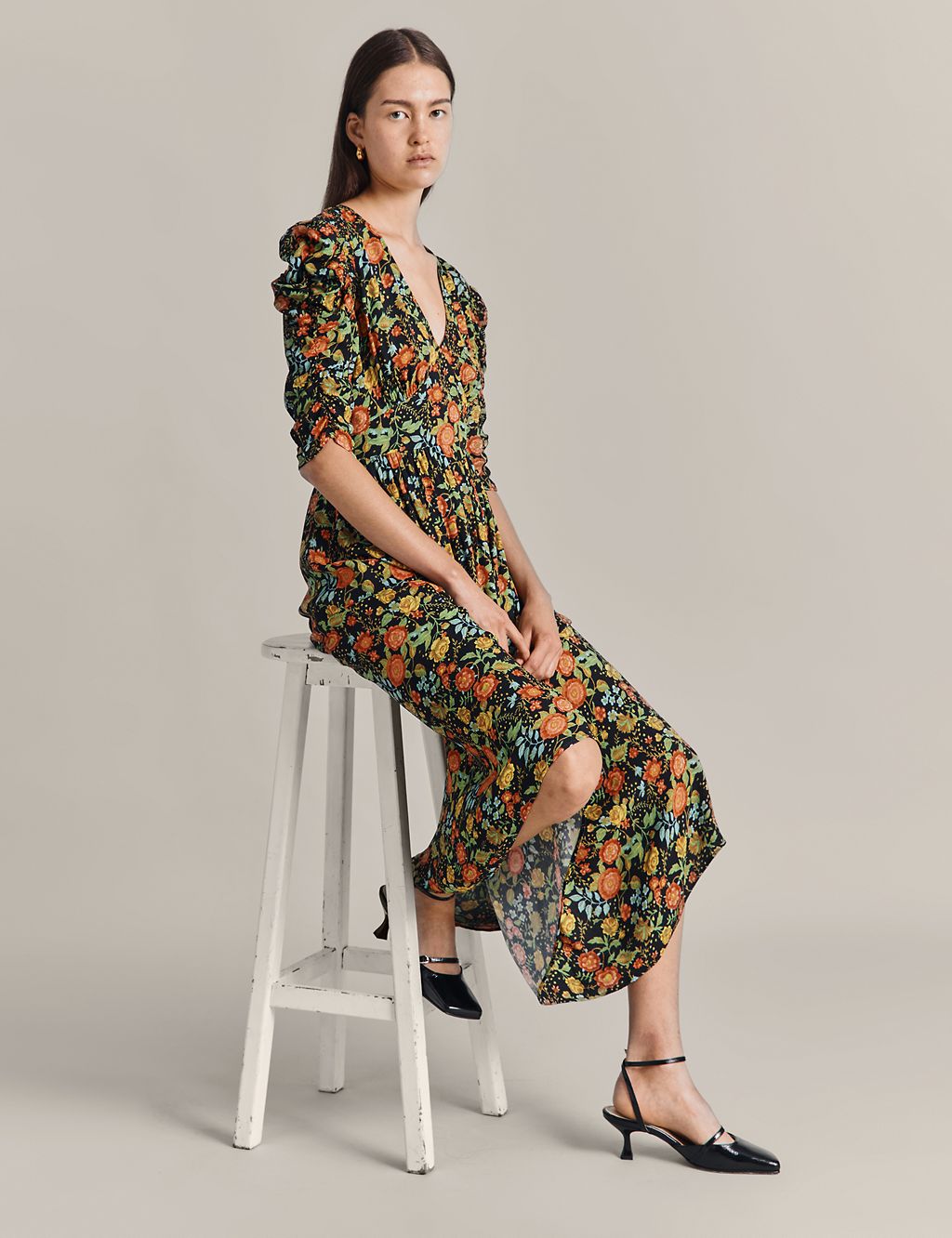 Floral V-Neck Puff Sleeve Midi Tea Dress | Ghost | M&S