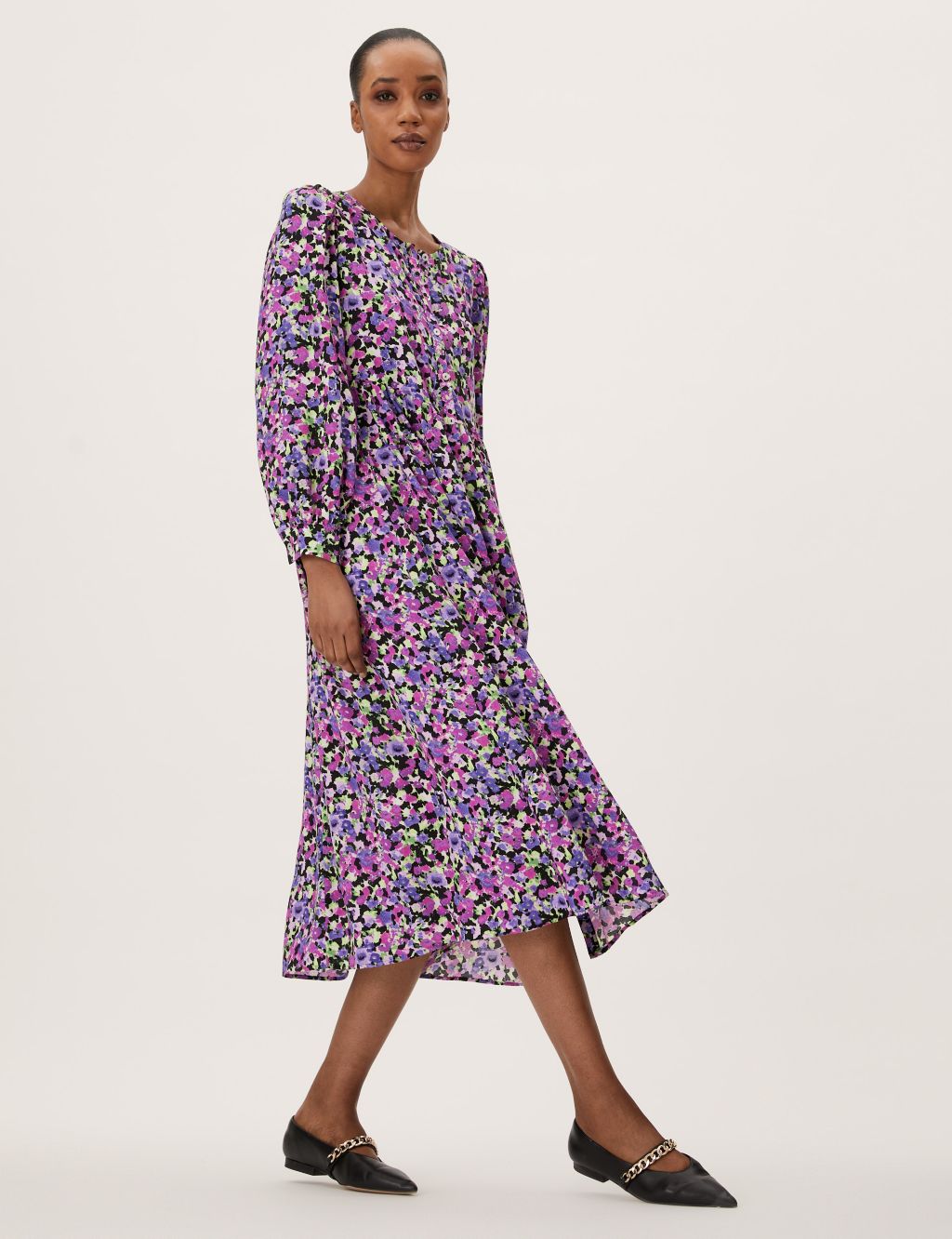 Floral V-Neck Puff Sleeve Midi Tiered Dress | M&S Collection | M&S
