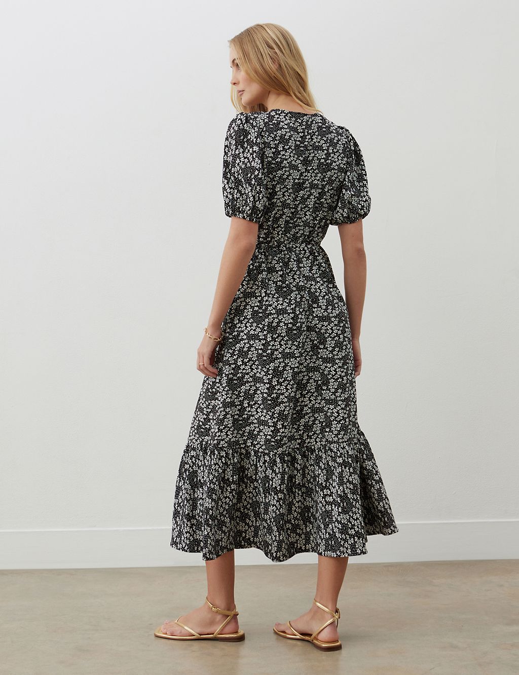 Floral V-Neck Puff Sleeve Midi Tiered Dress 1 of 4
