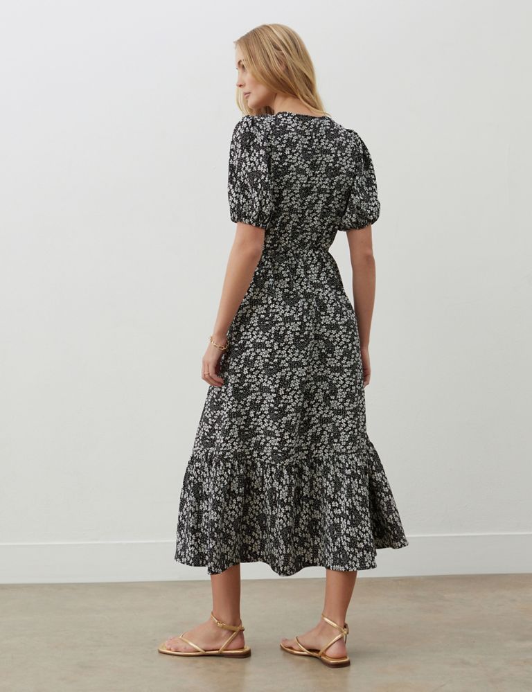 Floral V-Neck Puff Sleeve Midi Tiered Dress 2 of 4