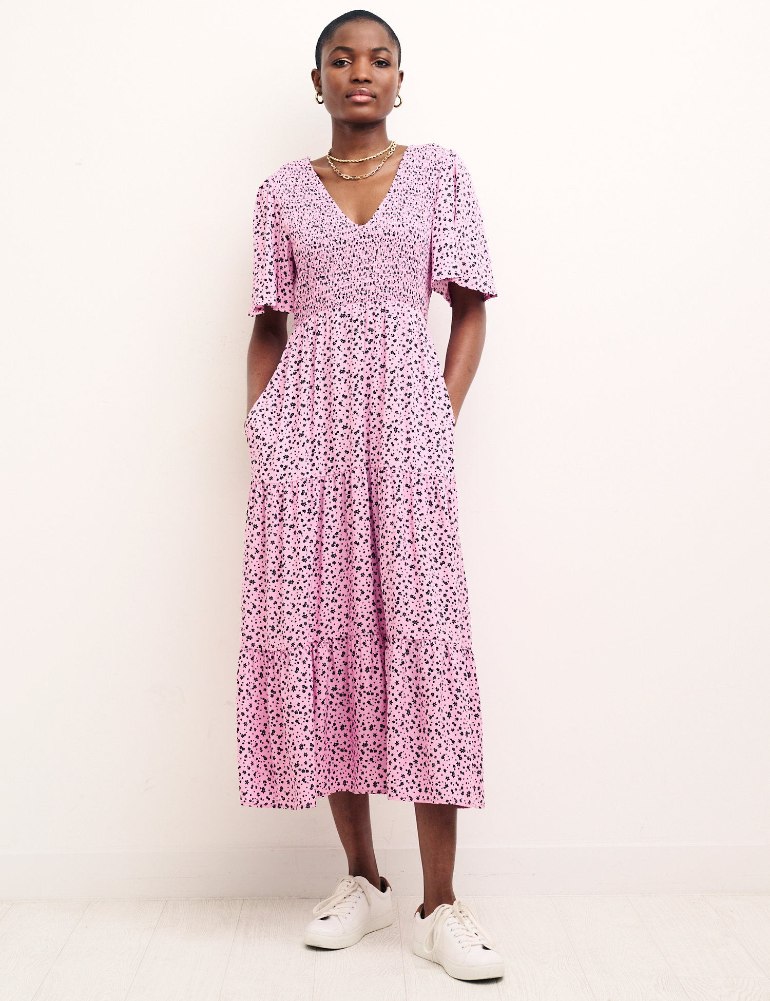 Marks & Spencer Floral V-Neck Shirred Midi Tea Dress