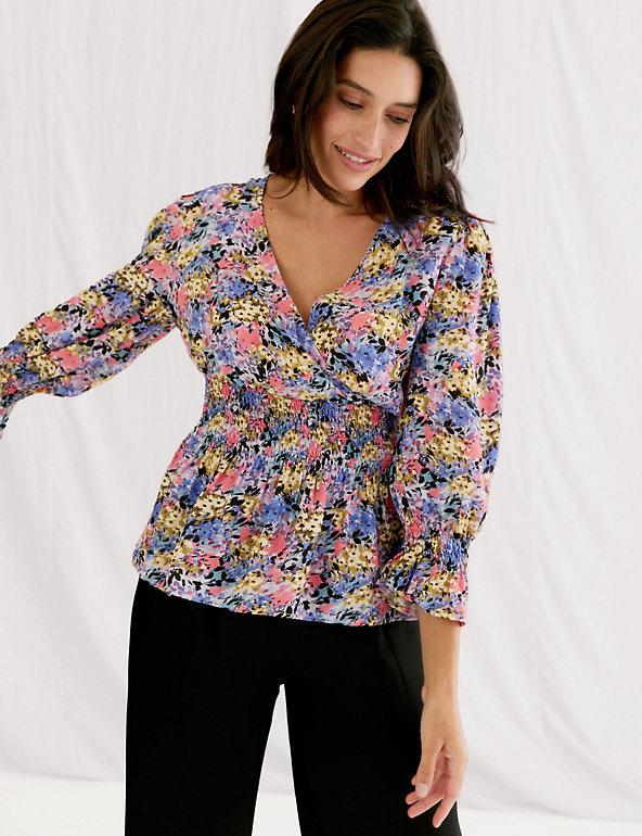 Floral V-Neck Shirred Puff Sleeve Blouse Image 1 of 6