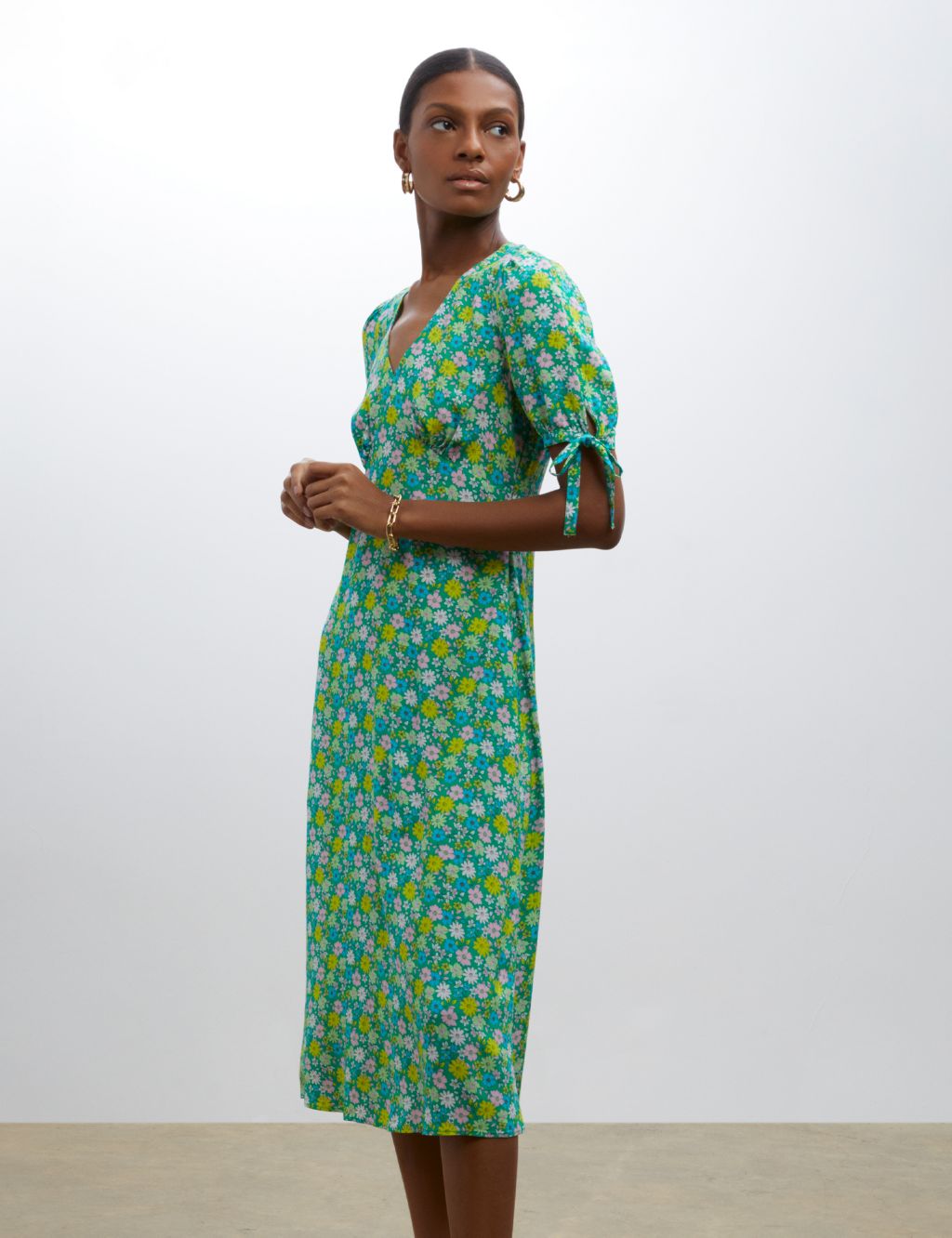 Floral V-Neck Tie Sleeve Midi Tea Dress | Finery London | M&S