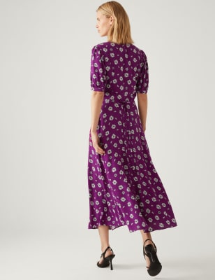 Floral V Neck Tie Waist Midi Tea Dress M S Collection M S