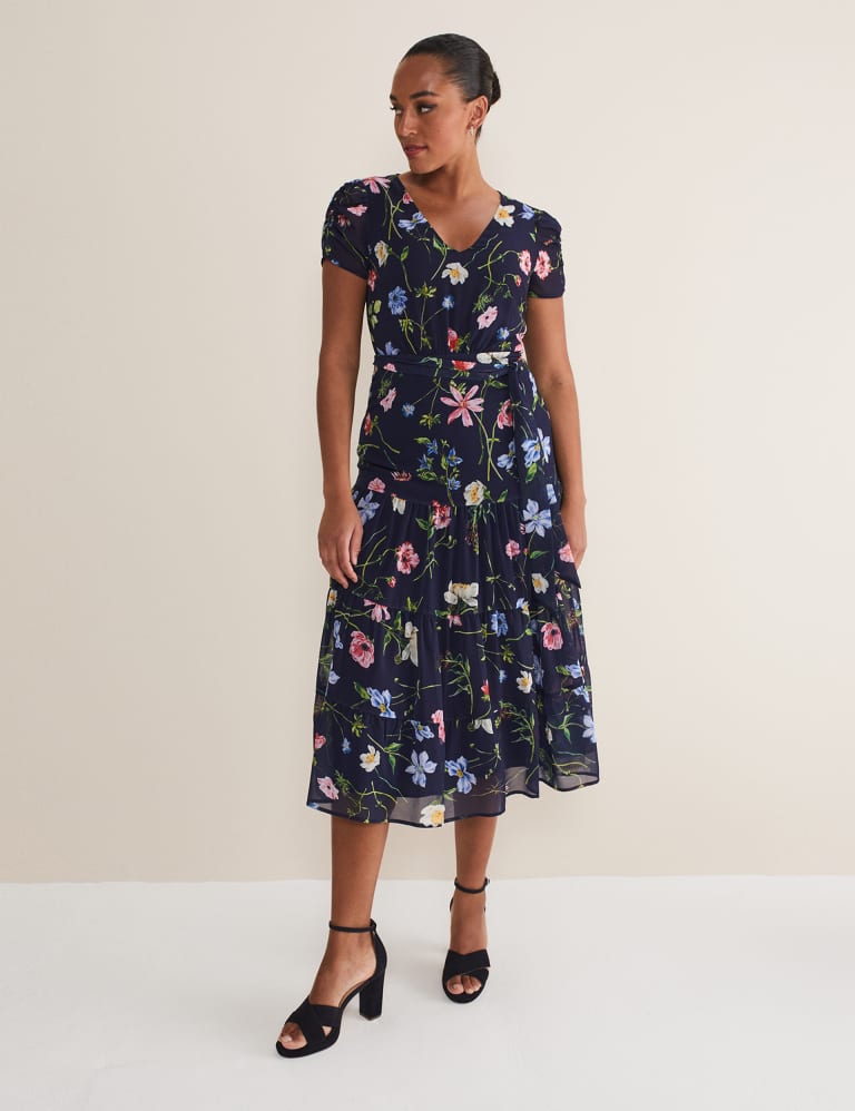 Floral V Neck Tie Waist Midi Tiered Dress Phase Eight M S