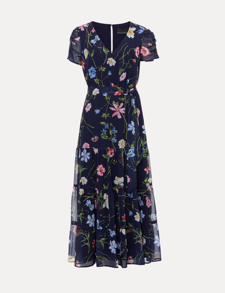Floral V Neck Tie Waist Midi Tiered Dress Phase Eight M S