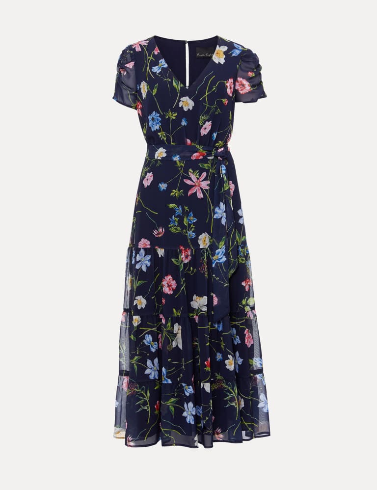 Floral V-Neck Tie Waist Midi Tiered Dress