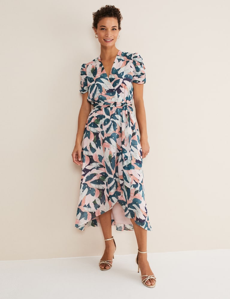 Floral V-Neck Tie Waist Midi Wrap Dress 1 of 4