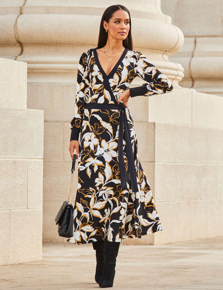 Floral V Neck Tie Waist Midi Wrap Dress SOSANDAR M S