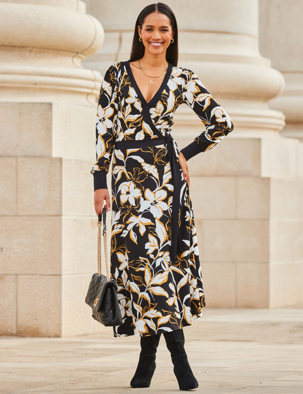 Floral V Neck Tie Waist Midi Wrap Dress SOSANDAR M S