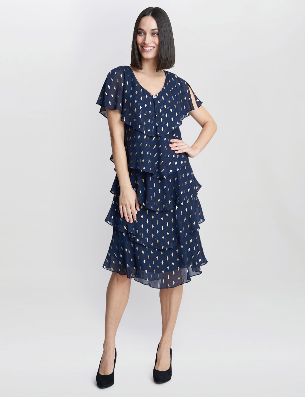 Foil VNeck Ruffle Knee Length Tiered Dress Gina Bacconi M&S