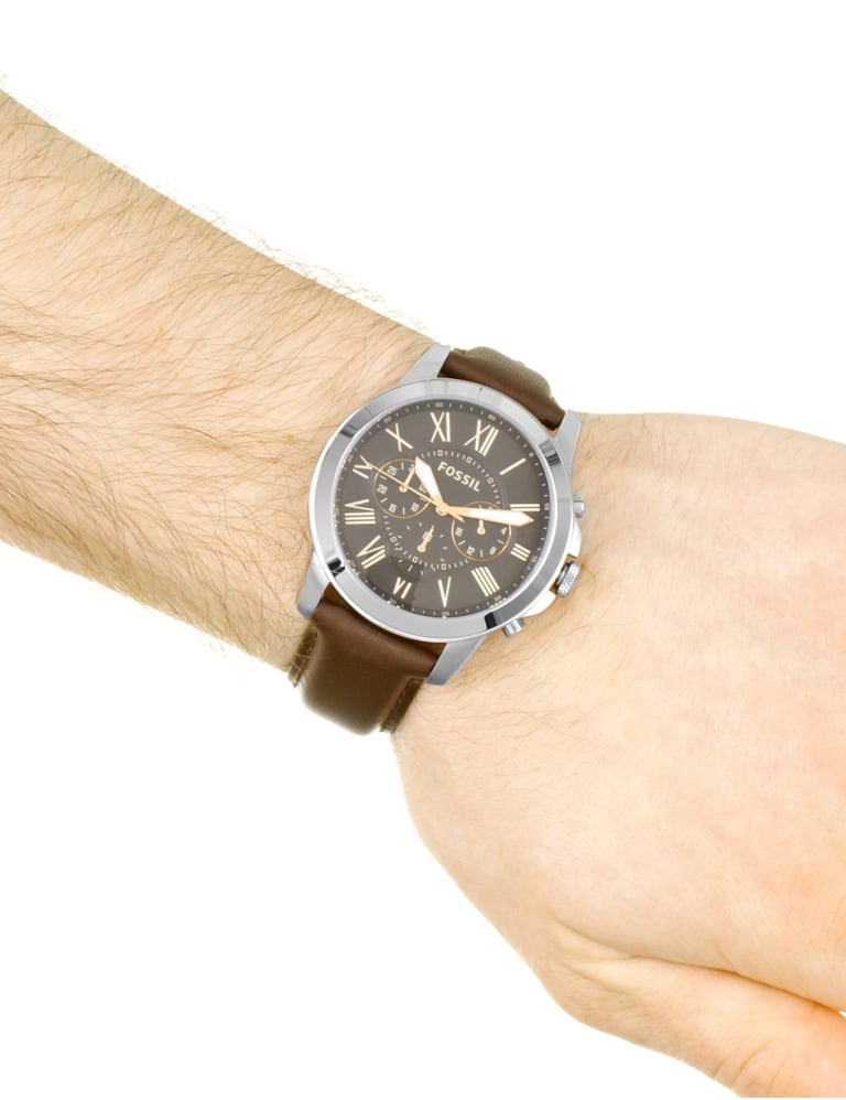 Fossil grant chronograph black leather watch shop