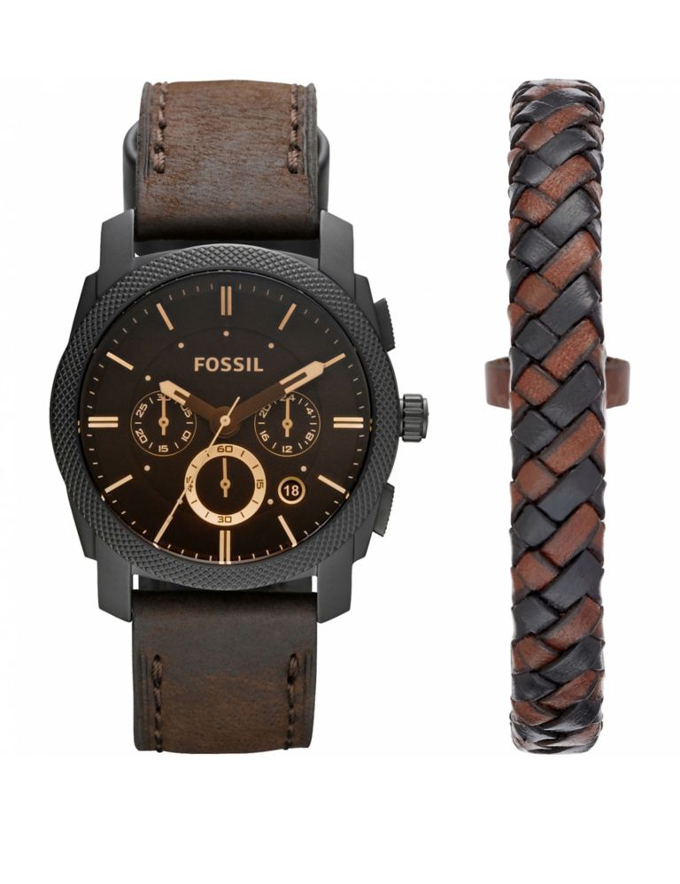 Fossil Machine Brown Leather Chronograph Watch Gift Set 1 of 4