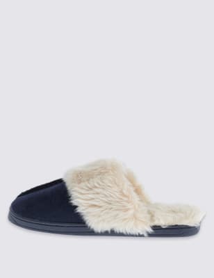 Freshfeet Suede Faux Fur Trim Mule Clogs with Silver Technology