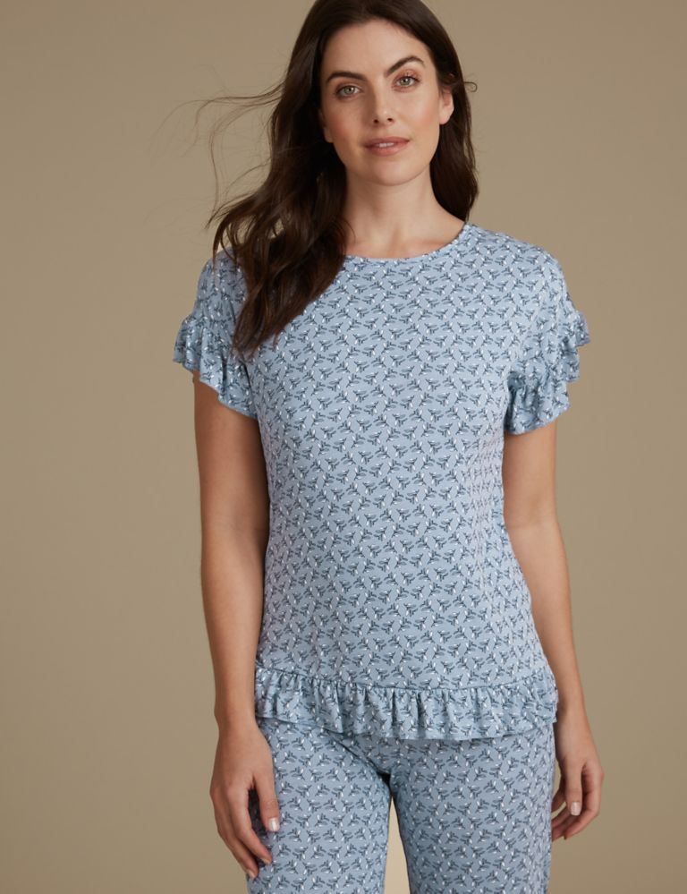 Frill Hem Printed Short Sleeve Pyjama Top 1 of 6