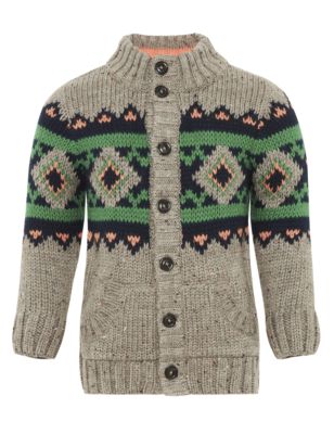 Funnel Neck Fair Isle Chunky Knit Cardigan with Wool Image 2 of 3
