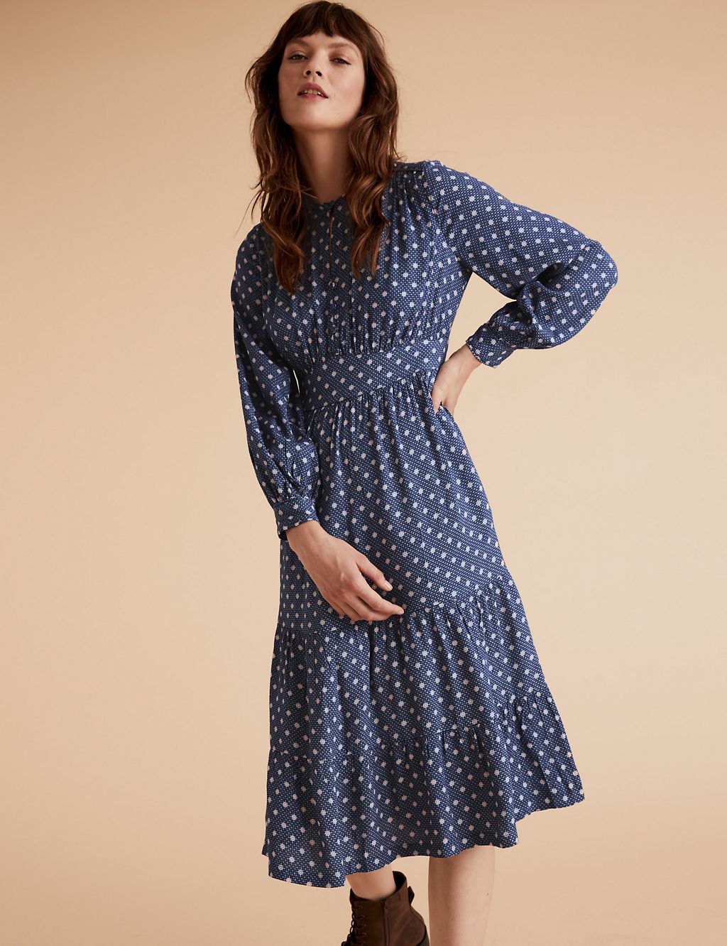 Geometric Blouson Sleeve Midi Waisted Dress | Per Una | M&S