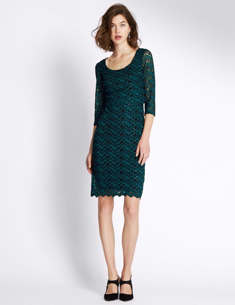 Geometric Sparkle Lace Shift Dress 1 of 3