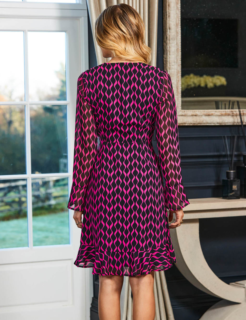 Geometric V Neck Ruffle Skater Dress SOSANDAR M S