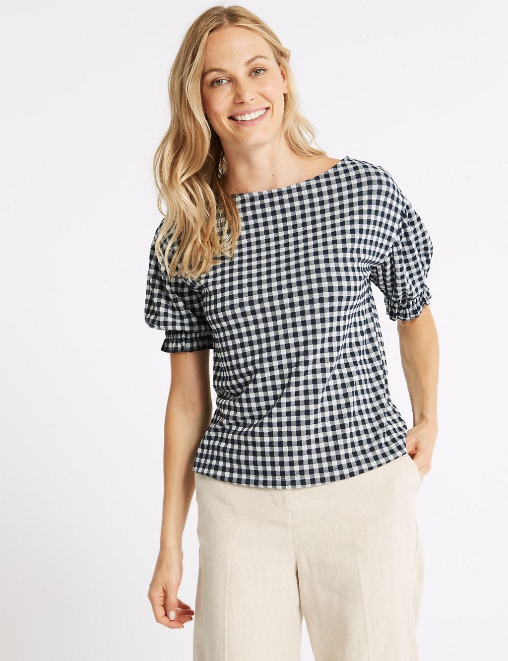 Gingham Ruched Sleeve Top 3 of 5
