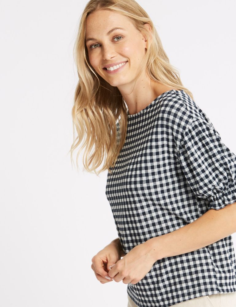 Gingham Ruched Sleeve Top 3 of 5