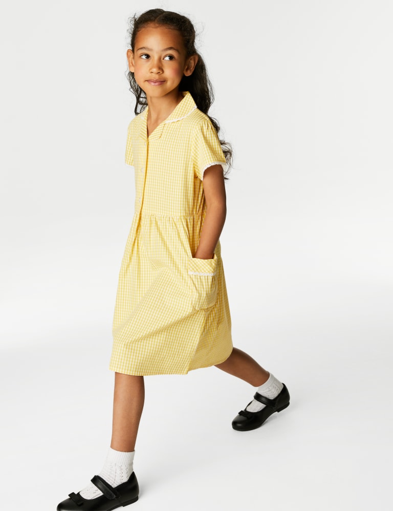 Summer Cotton Yellow Blue Check School Uniform Set, Size: Medium