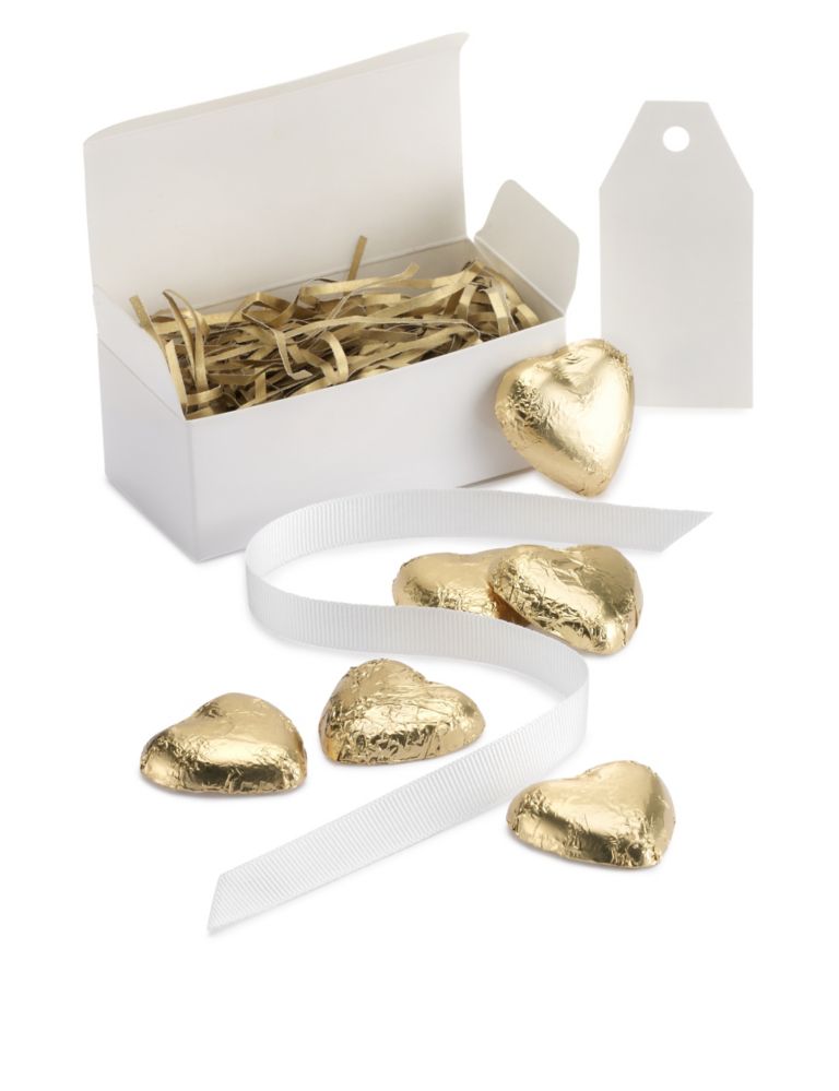 Gold Milk Chocolate Heart Wedding Favours in a White Box with White Ribbon - Pack of 25 5 of 6
