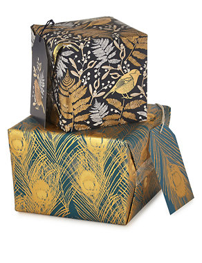 Gold Robin & Peacock Feather Wrapping Paper Bundle Image 2 of 5