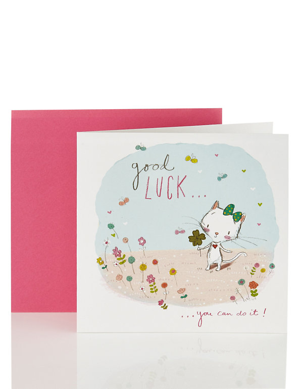 Good Luck Open Recipient Card with Cat Holding A Clover Design Image 1 of 2