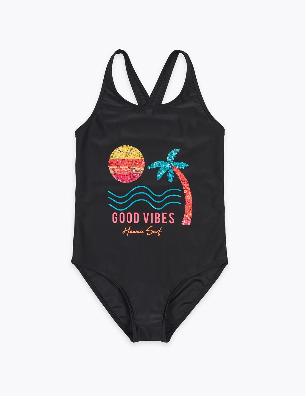 Good Vibes Slogan Sequin Swimsuit (6-16 Yrs) 1 of 2