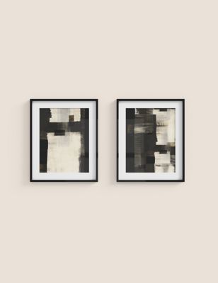 Set of 2 Monochrome Abstract Framed Art