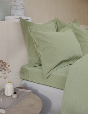 M&S X Fired Earth Washed Cotton Extra Deep Fitted Sheet - 6FT - Weald Green, Weald Green,Malm,Under 