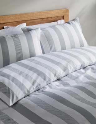 M&S Hadley Pure Cotton Striped Bedding Set - 6FT - Light Grey, Light Grey,Blue Mix,Duck Egg