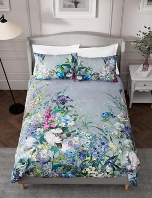 M&S Pure Cotton Sateen Wild Meadow Bedding Set - 5FT - Grey Mix, Grey Mix