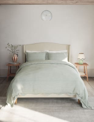 M&S Pure Cotton Embroidered Scalloped Edge Bedding Set - SGL - Sage, Sage,Chambray,White