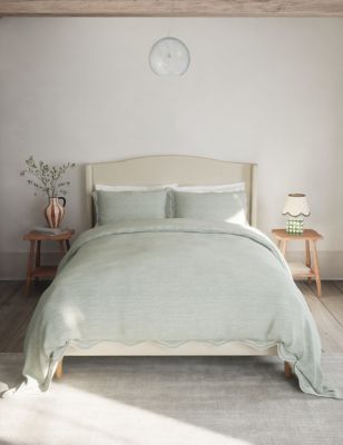 M&S Pure Cotton Embroidered Scalloped Edge Bedding Set - SGL - Sage, Sage,Chambray