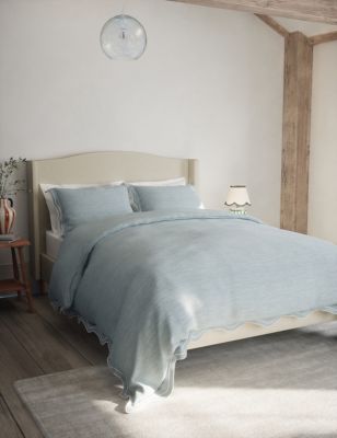 M&S Pure Cotton Embroidered Scalloped Edge Bedding Set - DBL - Chambray, Chambray,White,Sage