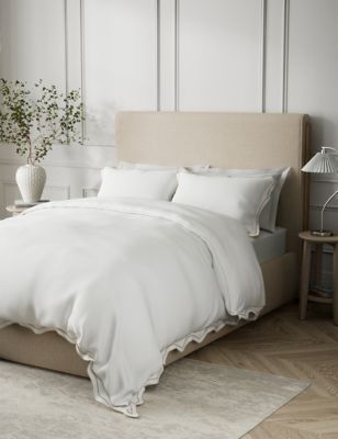 M&S Pure Cotton Embroidered Scalloped Edge Bedding Set - 6FT - White, White,Sage