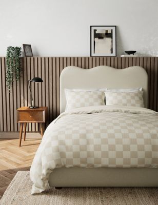 M&S Pure Cotton Checked Bedding Set - 6FT - Neutral, Neutral