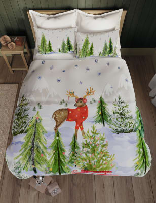 

Bettwäscheset aus Baumwollmischung mit winterlichem Hirschmotiv - Multi, Multi