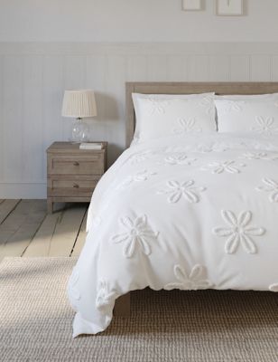 M&S Pure Cotton Tufted Floral Bedding Set - DBL - White, White