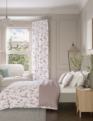 M&S Pure Cotton Sateen Trailing Cherry Blossom Bedding Set - 6FT - Pink Mix, Pink Mix,Green Mix,Grey