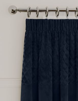 Image of M&S Velvet Pencil Pleat Quilted Thermal Curtains - EW90 - Navy, Navy,Grey,Ochre