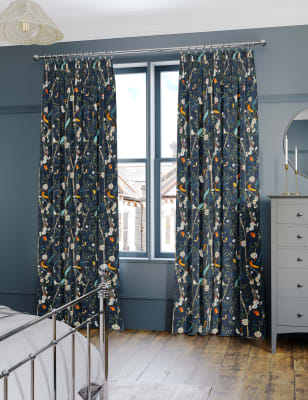

M&S Collection Cortinas térmicas con plisado de lápiz de terciopelo con diseño de aves primaverales - Navy, Navy