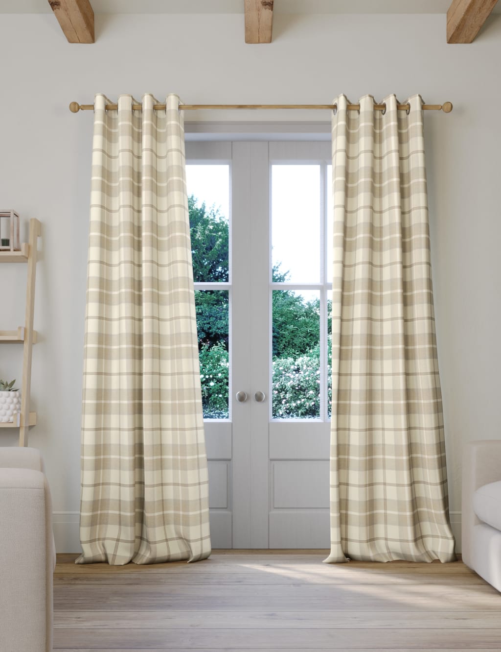 Brushed Woven Checked Eyelet Curtains image 1