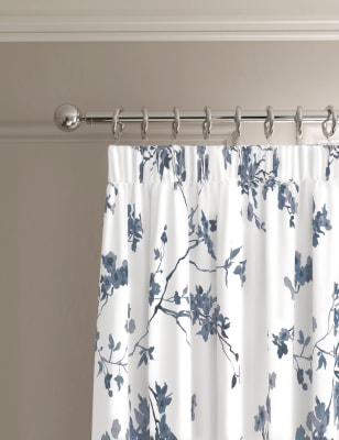 M&S Sateen Cherry Blossom Pencil Pleat Blackout Curtains - EW90 - Blue, Blue,Ecru