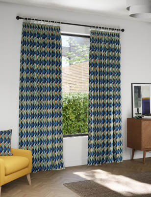 M&S Velvet Geometric Pencil Pleat Curtains - WDR72 - Multi, Multi